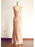 Rose Gold Champagne Sequin Deep V Back Bridesmaid Dress